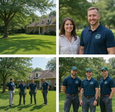 Guilmer Tree Services crew finishing cleanup while homeowner admires newly shaped trees.