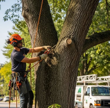 a man in a helmet is climbing up a tree