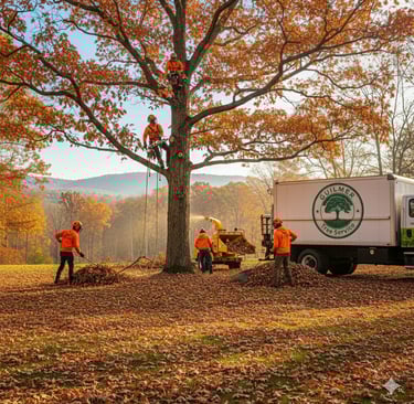 Certified arborist performing fall tree pruning on a maple tree in Northern Virginia