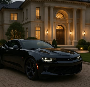 a black car parked in front of a large house