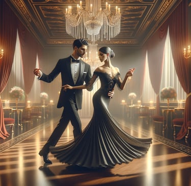 a man and woman dancing in a ballroom