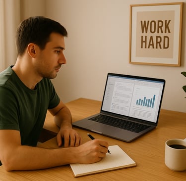 a man sitting at a desk with a notebook and a notebook