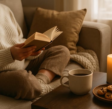 a person sitting on a couch reading a book