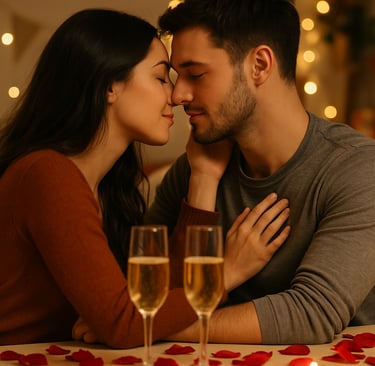 a man and woman kissing in front of a table