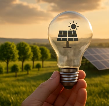 a person holding a light bulb in front of a solar paneled light bulb