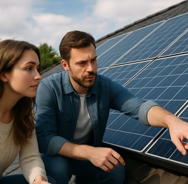 a man and woman looking at solar panels on a solar paneled roof