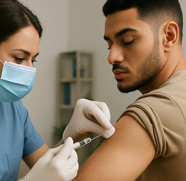 a man in a medical mask and gloves is getting a vaccine