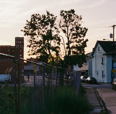 Glenville street at sunset with trees and buildings — for local home sellers.