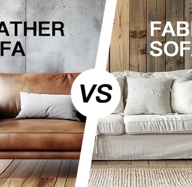 divided picture with leather sofa and fabric sofa