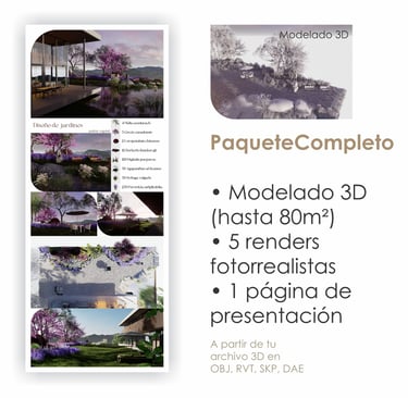 Paquete Completo: Modelado 3D (hasta 80m²), 5 renders fotorrealistas, 1 página de presentación