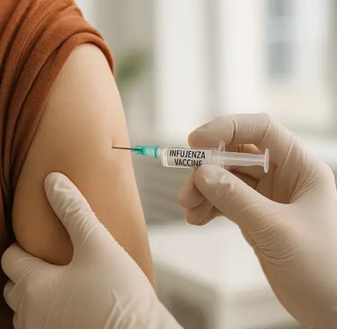 Profissional aplica vacina da gripe em braço exposto, transmitindo cuidado e prevenção à saúde.