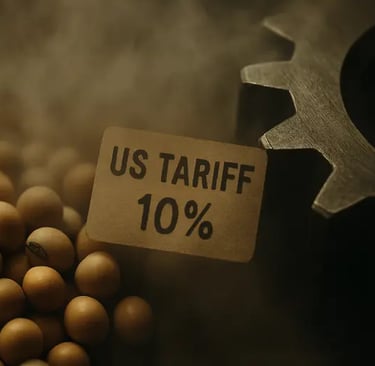 Close-up de soja e engrenagem com névoa e carimbo "US Tariff 10%", sugerindo incerteza econômica.