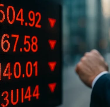 Painel de ações exibe números em queda e setas vermelhas; mão tensa sugere ansiedade econômica.