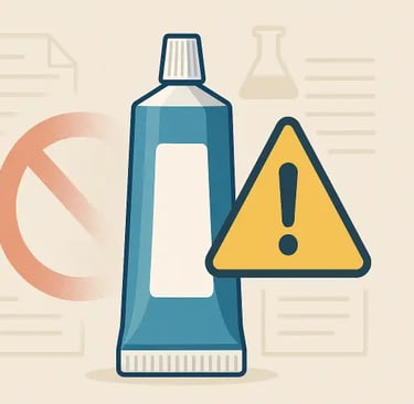 tubo de pasta de dente com um símbolo de proibição desvanecido e um alerta amarelo destacado