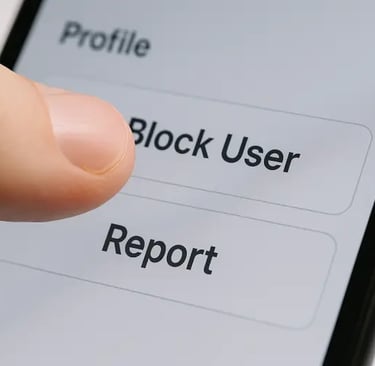Dedo toca botão "Bloquear Usuário" em app, simbolizando proteção contra cyberbullying.