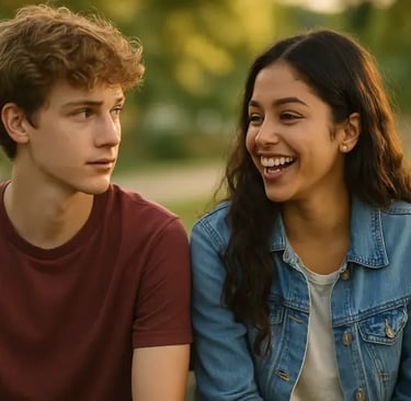 Dois adolescentes sentados em banco de praça riem juntos; ele olha para ela com leve intensidade.