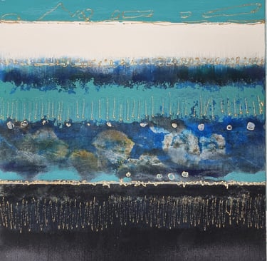 détail d'un tableau abstrait évoquant le bord de mer