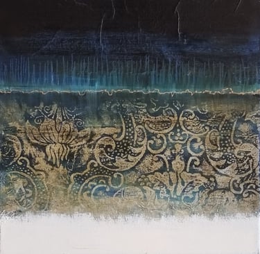 tableau abstrait dégradé de bleus ornement dentelle