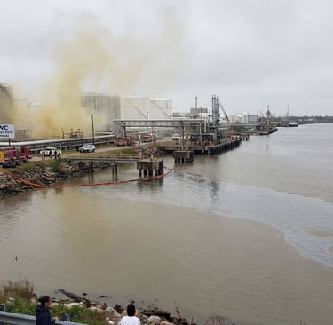 Yellow smoke rises from a chemical spill at the BWC Channelview Terminal on the Houston Ship Channel.