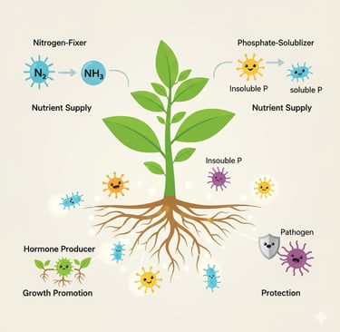 Create an infographic-style illustration showing the symbiotic relationship between a plant and beneficial soil microbes (PGP