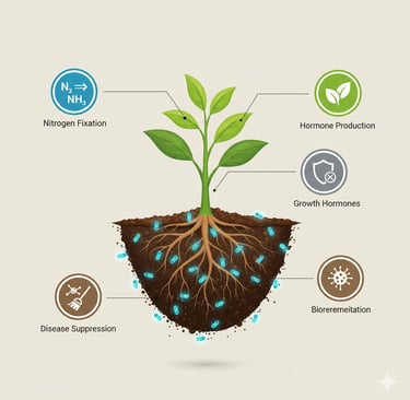 Conceptual illustration of a healthy plant root system in soil. Show tiny, glowing bacteria (Azotobacter) surrounding the roo