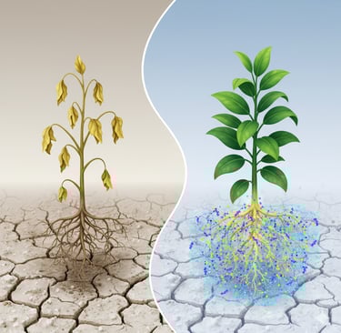 Create a conceptual illustration showing a plant's resilience to soil salinization. On one side of the image, show a wilting