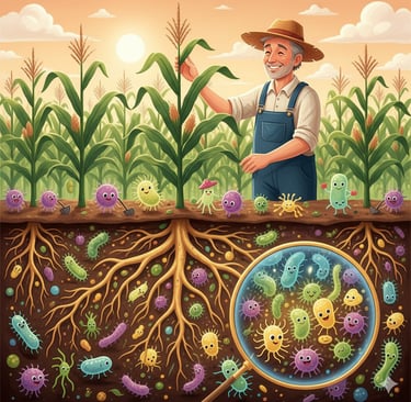 Digital art: A farmer tending to a crop. Below the ground, show a magnified, glowing view of the root system bustling