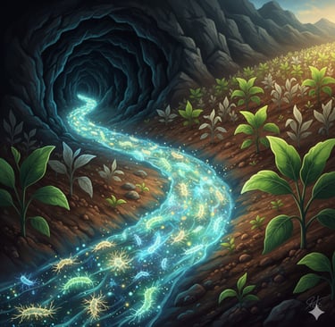 Conceptual illustration of a cave opening, with glowing, microscopic actinomycetes bacteria emerging. The bacteria 