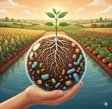Stylized artwork: A hand holding a plant seedling with thriving roots, emerging from a globe made of healthy soil teeming