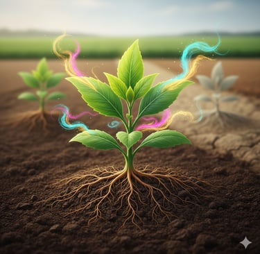 Conceptual illustration of sustainable agriculture: A healthy, vibrant plant is growing in rich soil. From the soil and
