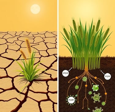 Split illustration: Left side shows wilting barley plants in cracked, dry soil under a harsh sun. Ri