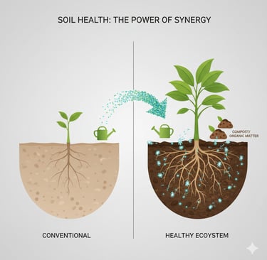 Create a conceptual illustration showing the synergy of soil health. On the left, show a simple plant root receiving