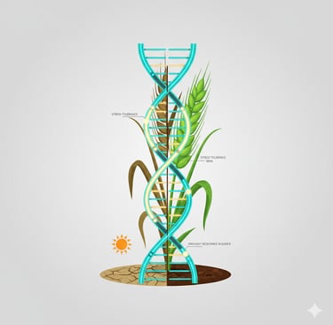 Conceptual illustration: A stylized wheat plant, half of it is healthy and green, the other half is stressed (wilted,