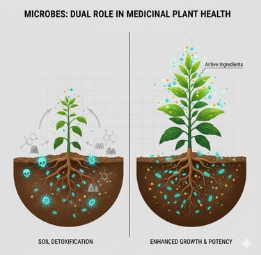 Create a conceptual illustration showing the dual role of beneficial microbes for a medicinal plant. 