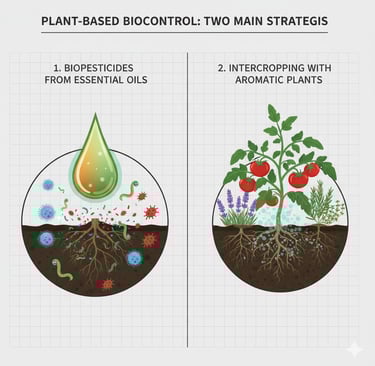 Create a conceptual illustration showing the two main ideas of plant-based biocontrol. 