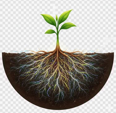 Conceptual illustration: A single healthy plant with a vibrant, glowing root system. 