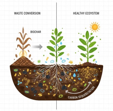 Conceptual illustration of regenerative agriculture. Show a cross-section of rich, dark soil teeming with life (microbes
