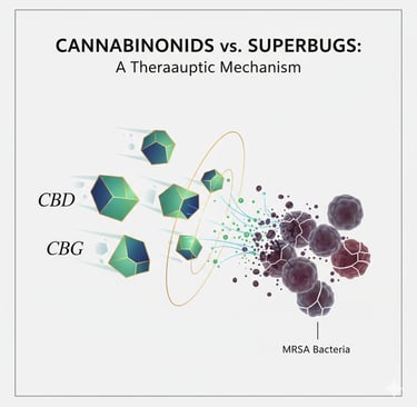 Create a conceptual illustration showing cannabis-derived molecules (like CBD, CBG) attacking and destro