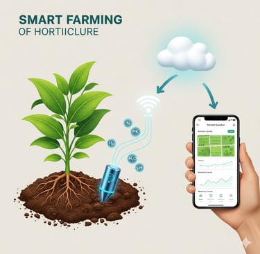 Create an infographic-style illustration showing a smart farming concept for horticulture. 