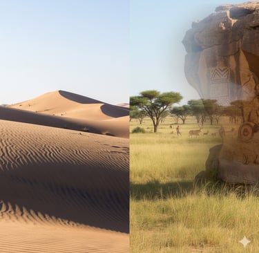 Modern Sahara: A stark, hyper-realistic split-screen image. One side shows a vast, sun-scorched sand dune landscape