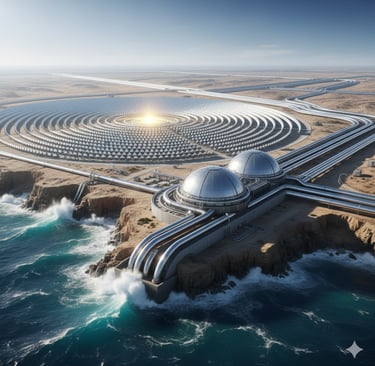 Mega-Scale Desalination: A massive, futuristic reverse osmosis desalination plant on a coastline, integrated with