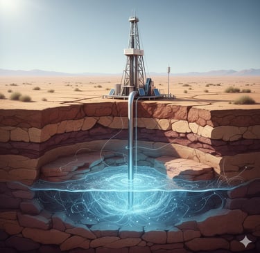 Reviving Aquifers: A cutaway view of the earth, showing a vast, deep sandstone aquifer layer glowing with blue water.
