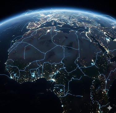 The Water Grid: An orbital view of North Africa, showing glowing blue lines (pipelines) originating from the coast and