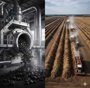 Biochar and Compost: A split-screen image. On the left, a high-tech pyrolysis reactor converting dry biomass into