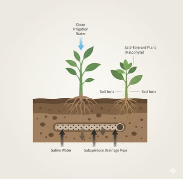 Salinity Management: A diagram showing a plant root in the soil. Arrows show clean irrigation water entering