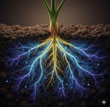 Mycorrhizal Inoculation: A highly stylized, beautiful illustration of a plant's root system. The roots are glowing 