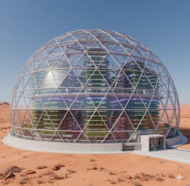 A massive, geodesic biodome structure standing in the middle of the desert. Inside, visible through