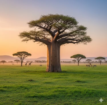 A vibrant savanna scene with a majestic, mature Baobab tree at its center. Scattered Acacia trees and a low carpet of