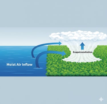 A conceptual diagram. A vast forest is shown releasing a massive plume of water vapor, which forms a thick cloud layer. 