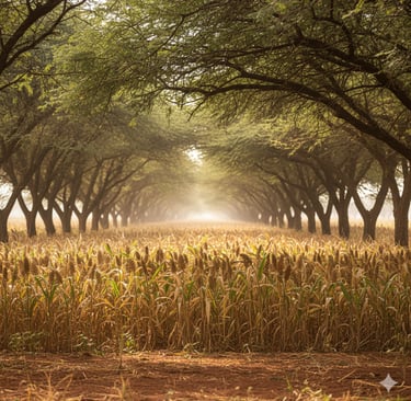 A view looking down an "alley" between two rows of feathery Acacia trees. In the sunny alley, a healthy crop of 